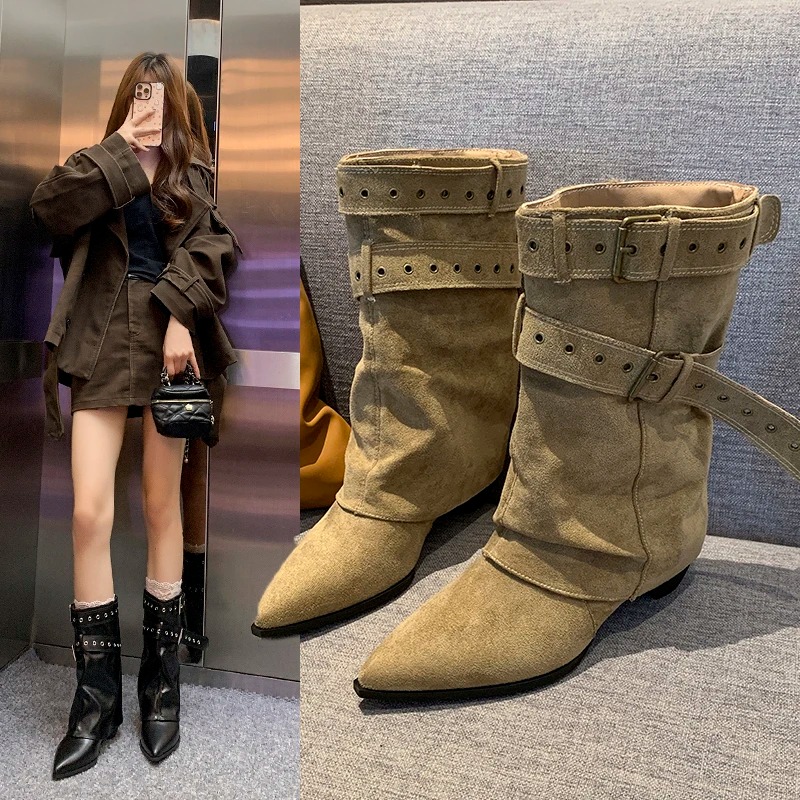 Street Fashion Trends - 2025, spitze Zehen-Damen-Winterstiefel, Designer-Mid-Heels, elegante Schuhe,