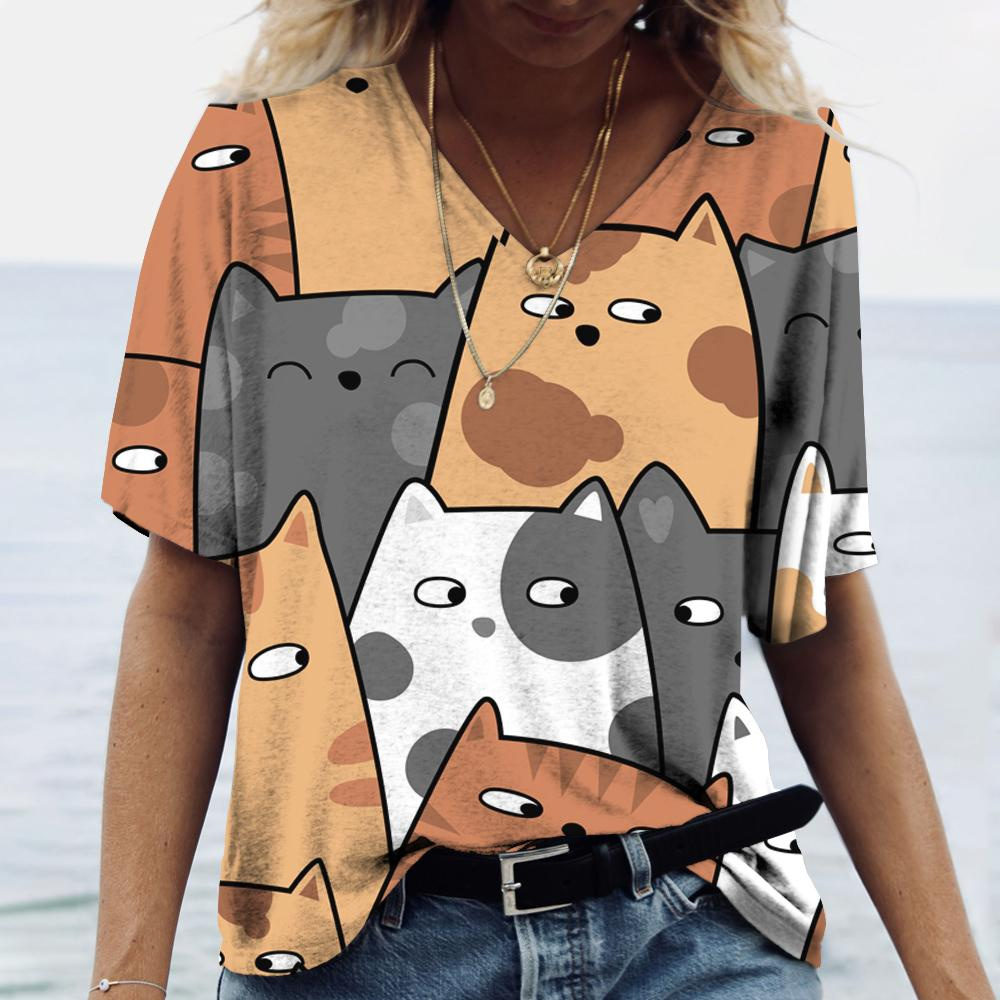 Fashion Street Cat - Modische V-Ausschnitt Damen T-Shirts mit Cartoon-Katzen