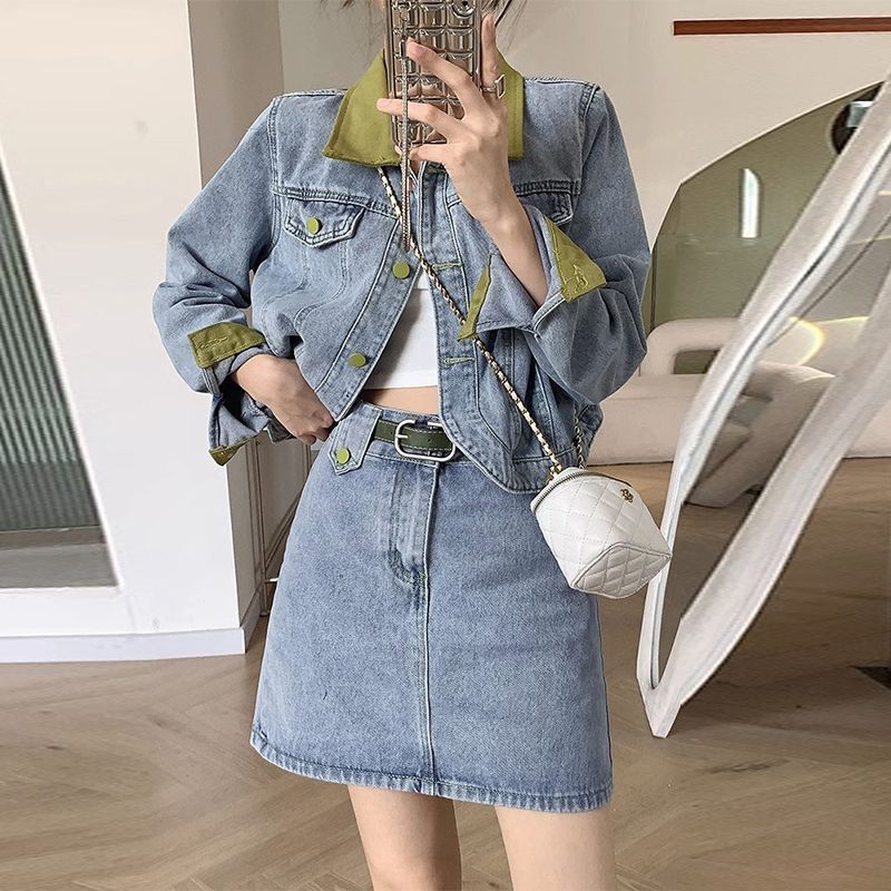Street Fashion Jeans - Denim Mäntel Mini Röcke Zwei Stück