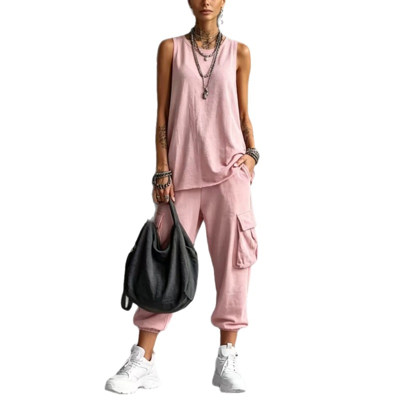 Cargo Pant Wide - Damen Einfarbiges Ärmelloses Rundhals-Strick-Tanktop Cargo-Jogginghose Zweiteiliges