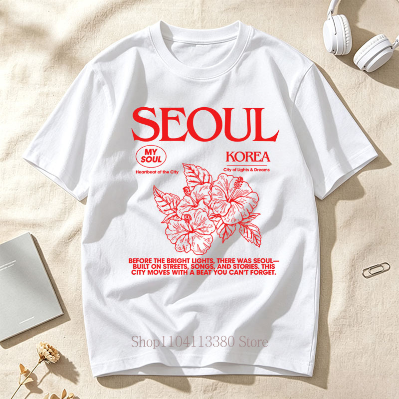 Street Fashion Of Seoul - T-Shirts mit Seoul-Hibiskus-Print im koreanischen Stil