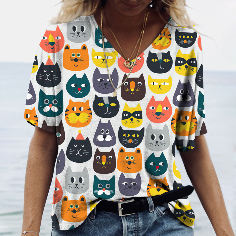 Modische V-Ausschnitt Damen T- – Fashion Street Cat Bewertung und Preis