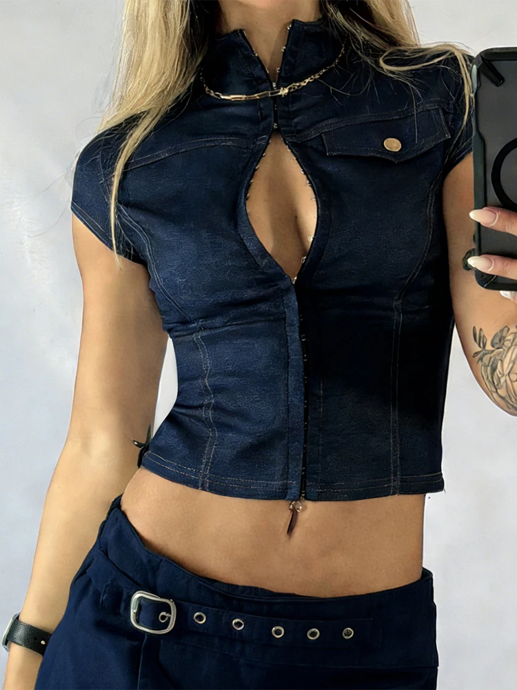 Damenmode Dunkelblaues Reißver – Street Fashion Com Bewertung und Preis